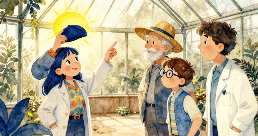 園丁海恩斯輕敲帽沿，指向陽光灑落的一道光束，米拉與里奧靜觀回憶與期待，場景充滿溫暖懷舊情懷。