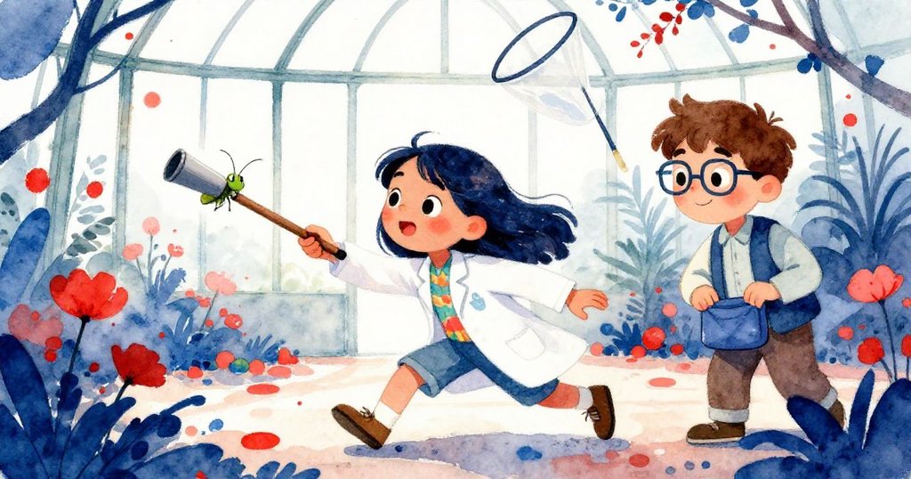 米拉迅速揮動伸縮傘網捕捉飄忽昆蟲，里奧急忙翻找工具，場景充滿動感與緊張氛圍，展現探索熱情。