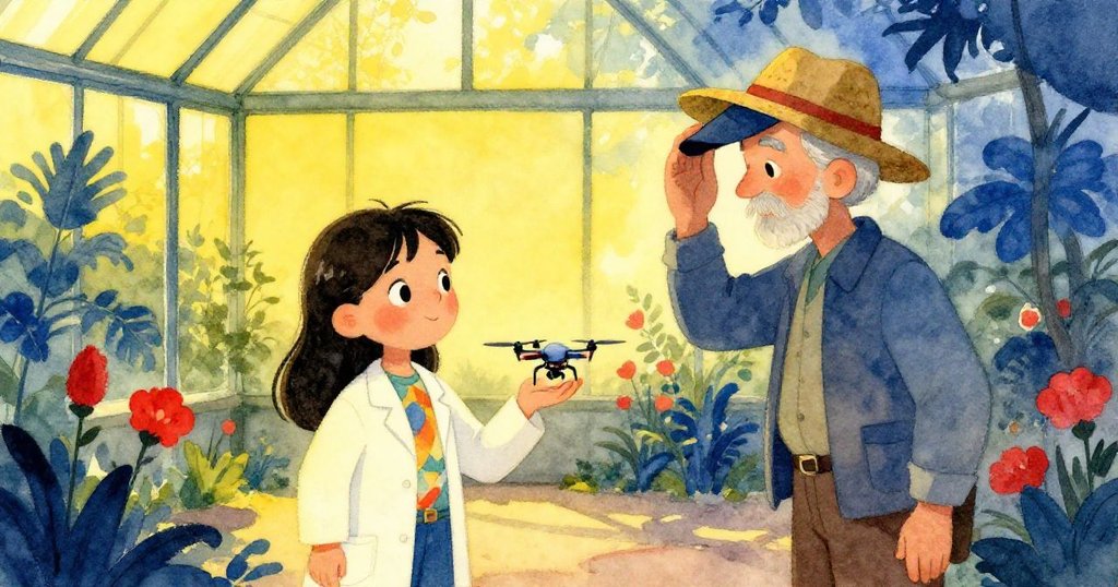 米拉溫柔地捧著輕巧的授粉機器，園丁海恩斯輕敲帽沿道別，玻璃溫室中映出溫柔餘暉，結束充滿啟發的一天。