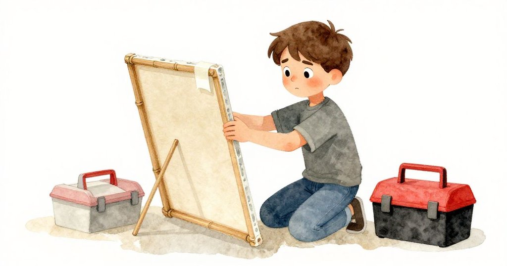 米羅專注用膠帶固定竹框畫布，旁邊工具箱靜臥，室內對照鮮明，洋溢著努力與勇敢精神。