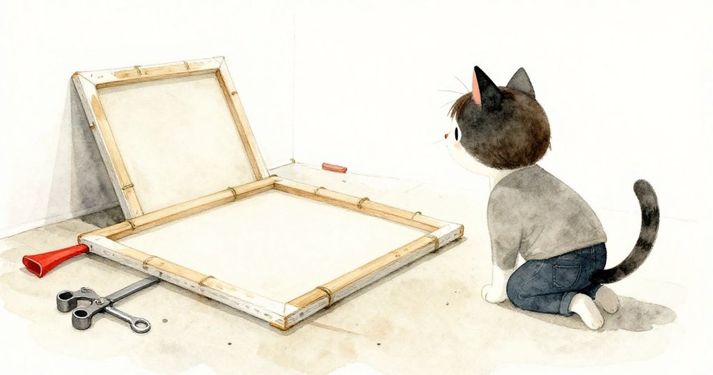 一隻小貓從低角度觀察米羅散落的工具與掉落畫布，地面凌亂卻生動，充滿好奇與生活氣息。