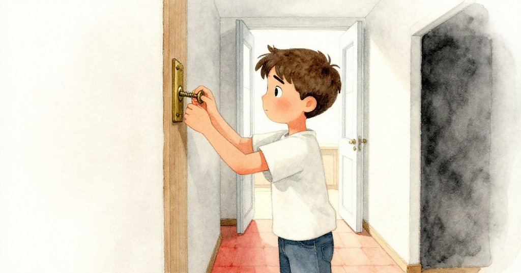 米羅在走廊緊鎖黃銅螺絲於木樑，微風從窗進入，環境轉換中透露一絲緊張與決心。