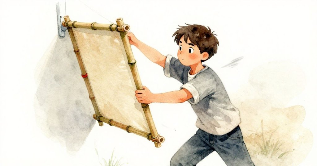 米羅雙手用力調整即將上掛的畫布，動作迅捷有力，場景中充滿緊迫與堅定氛圍。