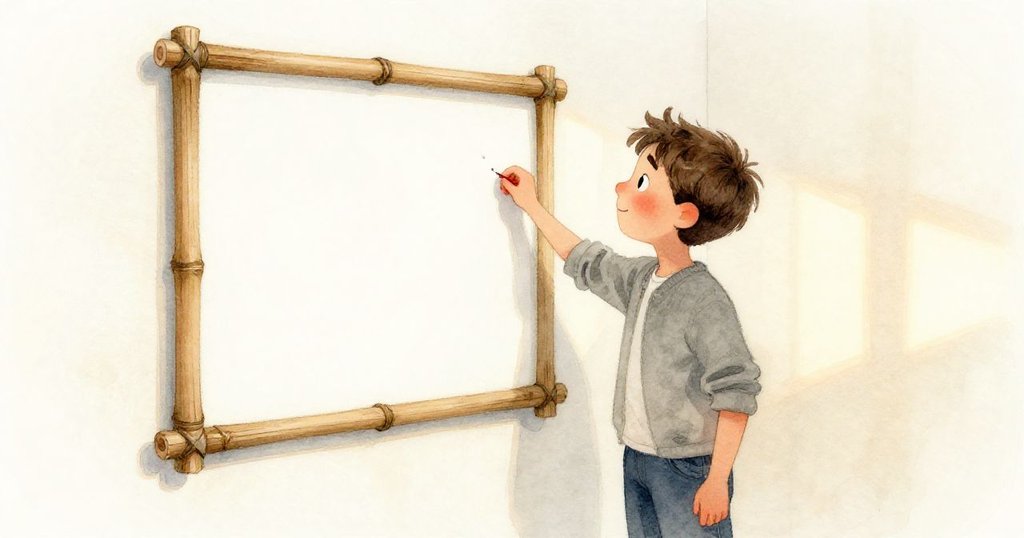 米羅站在陽光充沛的客廳中，臉上洋溢著溫柔笑容，看著穩固掛上牆的畫布，呈現風雨後的光明希望。