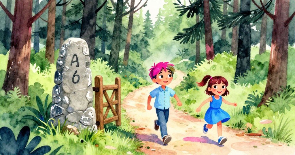 蓋文與麗娜站在松林中的高大石頭旁，踏出冒險第一步，背景有木門與陽光灑落，流露期待與興奮情緒。