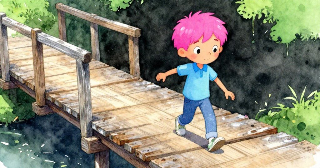 蓋文正小心踏上搖晃的木橋板，近距離呈現木紋細節與修復痕跡，展現冒險過程中的謹慎與好奇。