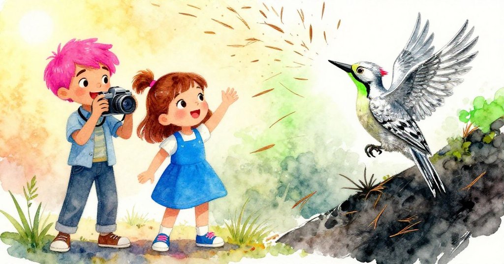 蓋文與麗娜舉起相機追拍活潑啄木鳥，瞬間風吹散松針，畫面分割呈現期待與驚訝，場景充滿魔幻氣息。