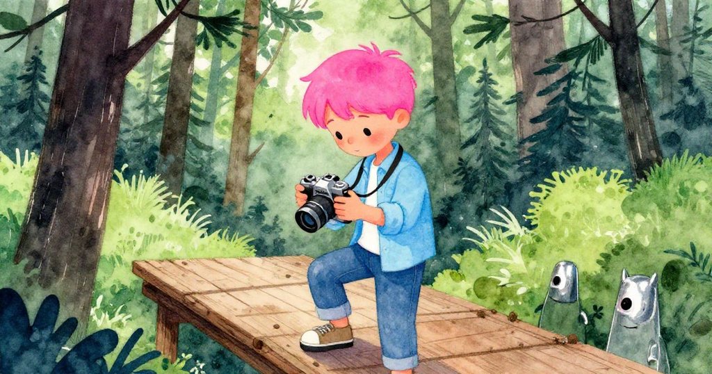 蓋文在木橋旁細心調整相機電池，專注神情展現克服挑戰的決心，背景是靜謐的松林與過渡光影。