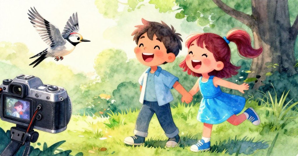 蓋文與麗娜在相機螢幕前開心大笑，啄木鳥掠過肩頭，場景洋溢成功喜悅與溫暖陽光映照的冒險結局。