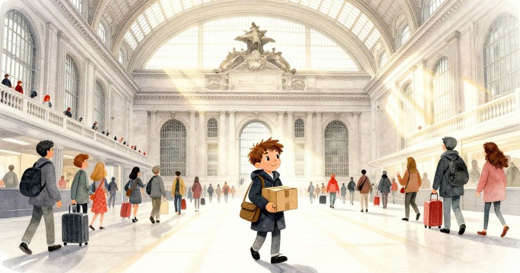 馬庫斯走進宏偉的火車站大廳,陽光從拱形玻璃屋頂透進,地面布滿金色光斑,他堅定地攜帶著紙盒,背景繁忙而充滿活力。
