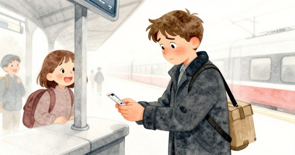 馬庫斯在售票機前焦急地刷卡,臉上顯露出些微挫折感,背景中有人輕聲低笑,營造出車站的繁忙氛圍。