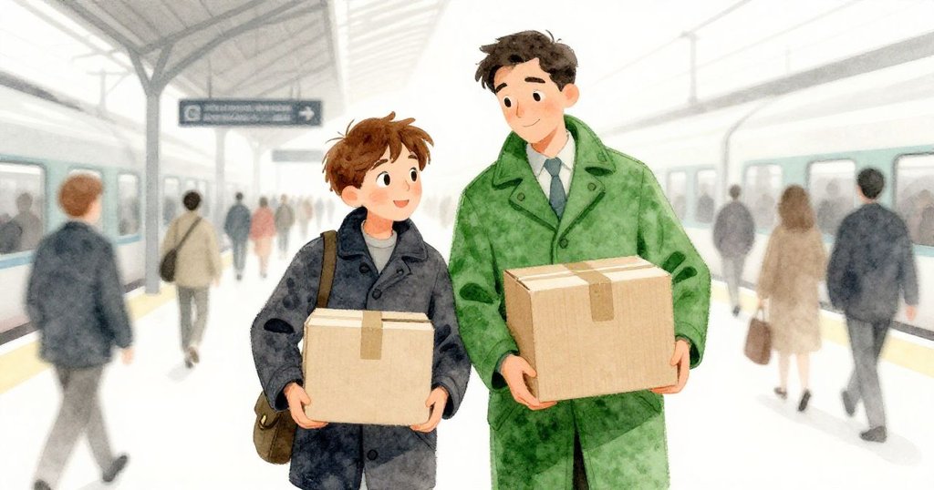 馬庫斯與穿綠衣男子在車站擁擠中不經意肩並肩,兩人同時攜帶紙盒,神情中充滿意外與默契,背景展現人群流動。