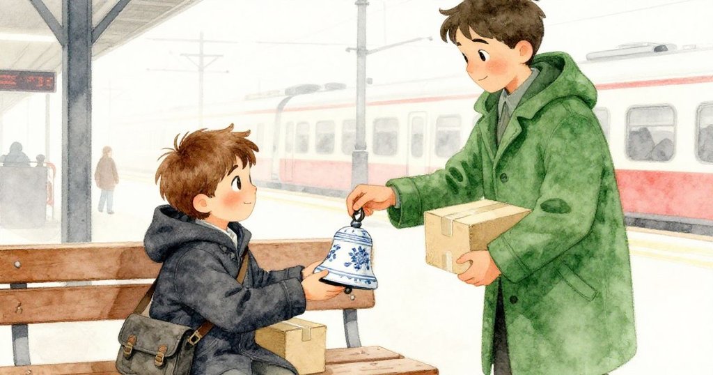 馬庫斯與綠衣男子在月台短暫暫停時交換著精緻的瓷鈴,特寫展示雙手和細節,環境靜謐中透出暖意。