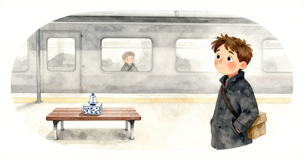 火車離站後,馬庫斯在空曠月台上靜靜反思,暖光映照著停在長椅上箱子中的瓷鈴,營造出寧靜收結局面。