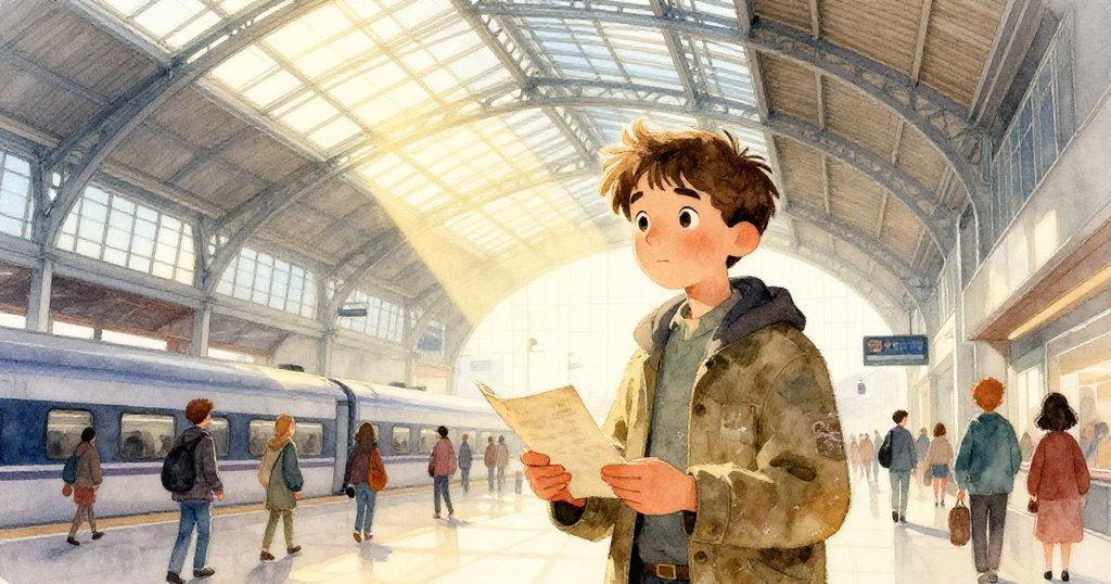 艾略特站在玻璃屋頂下,緊握舊筆記本,表情專注,火車站內人潮忙碌,光影交錯營造神秘都市氛圍