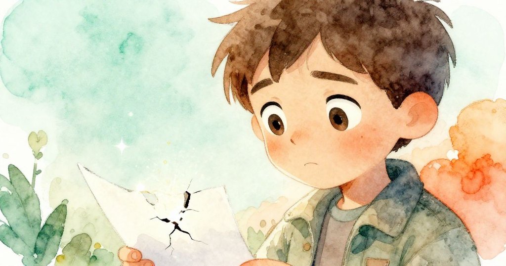 艾略特凝視受損筆記本,透明封面裂痕映出微光,他面部神情堅定,細節清晰呈現內心掙扎與決心