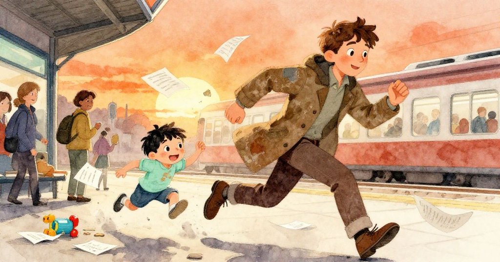 艾略特急趕人群中拾頁,童玩輕觸膝部,他神色急迫,動態場面表現都市忙碌與溫暖夕光