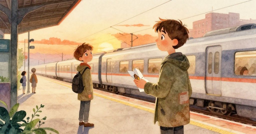 艾略特站在月台前,手捧修整筆記本,表情平靜堅定,夕陽柔光映照,火車輕緩駛離展開新旅程