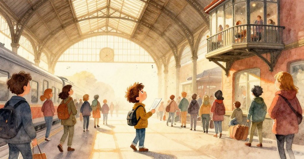 在北河車站拱形屋頂下，Leo舉著畫本站在人潮中，眼神中透露好奇與期待，夕陽光輝映照眾人忙碌行走。