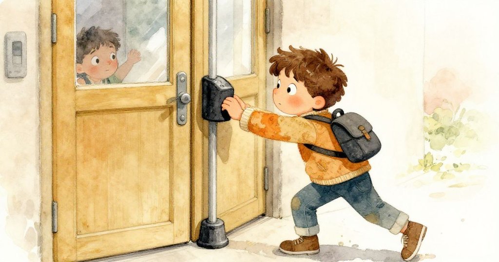 Leo努力推開旋轉門，肩膀用力傾斜，背景留有大片空白，展現出他堅定與專注的神情。