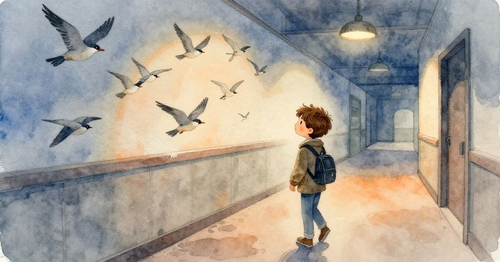 從Leo背後視角看，他走在暗淡走廊中，牆上候鳥壁畫生動映襯，燈光與陰影交錯營造出神秘氛圍。