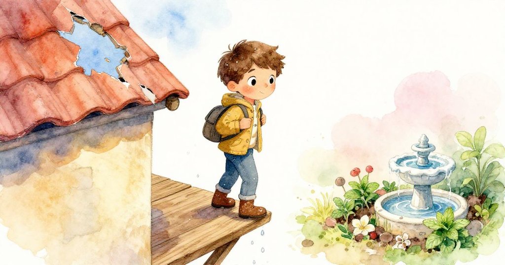 於露臺上，Leo沿著木板走道前行，腳下水珠閃爍夕陽光輝，破碎屋頂透出藍天，記憶色彩柔和迷幻。