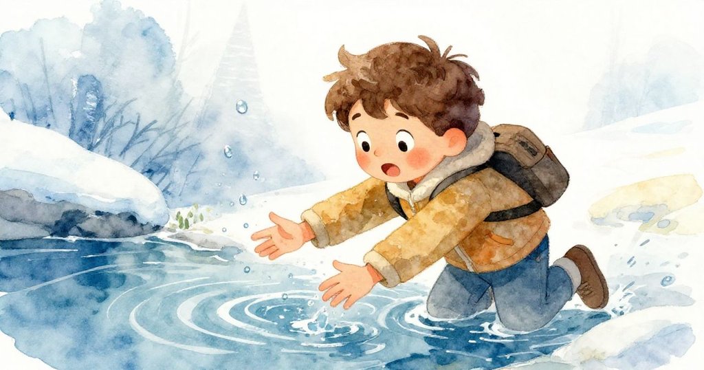 Leo驚訝凝視剎那，手指輕觸冰冷流水，水珠在半空閃爍定格，畫面充滿動感與神奇。