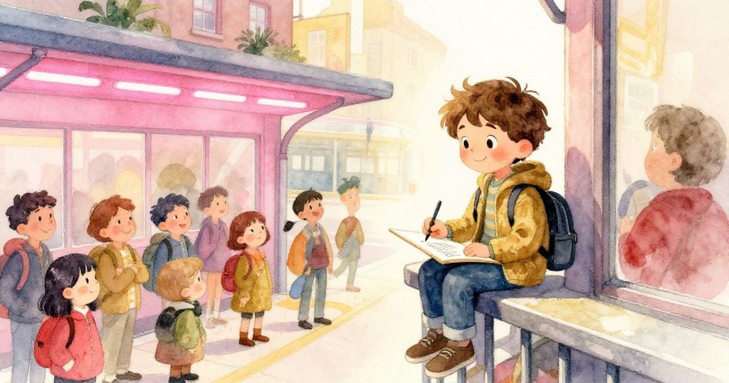 在露臺上，Leo完成素描後安坐，臉上滿足輕柔，下方人群靜靜觀望，整體氛圍溫暖且寧靜。