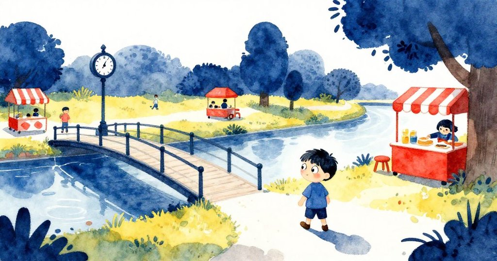 Milo 穿著輕便衣服走進河邊公園，背景有時鐘和熱鬧美食攤位，神情充滿期待迎接新冒險