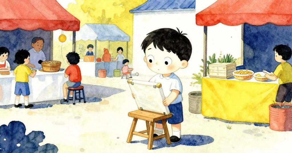 Milo 在草坪上鋪開畫架並準備畫具，旁邊熙熙攘攘的美食攤位形成強烈對比，他神態專注充滿創作熱情