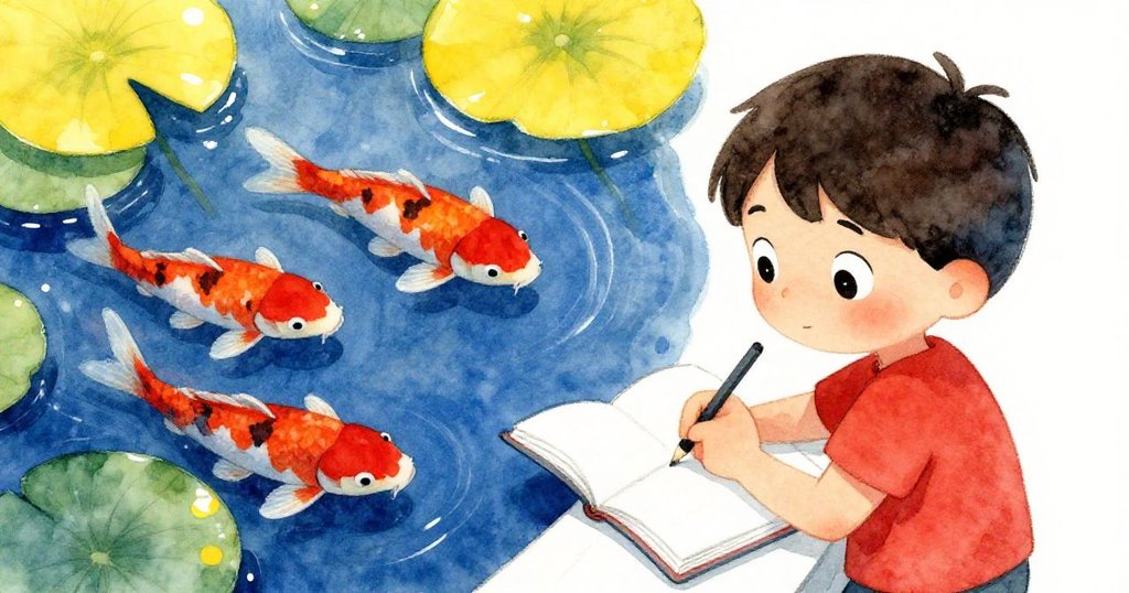 Milo 專注地在畫冊上揮筆，背景中錦鯉在蓮葉間緩慢游動，陽光灑下形成迷人的光影