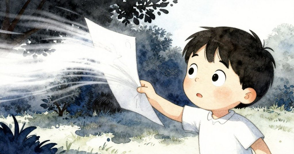 Milo 的臉上露出驚訝表情，用前臂按住被風吹起的畫冊，周圍風勢強勁，動感十足