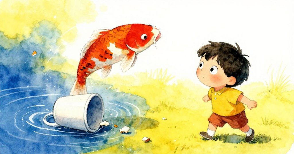 Milo 注視著一個杯子滾向池塘，麵包屑飄散水面，錦鯉高躍出水，動感十足充滿生氣