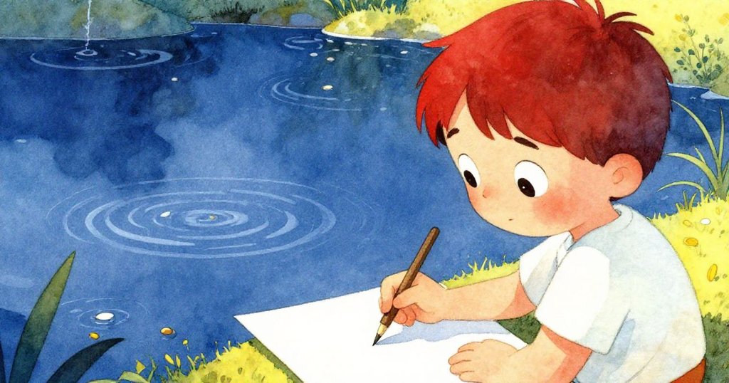 Milo 用畫筆輕觸最後一筆，臉上露出平靜滿足的笑容，池面漂浮著種子，展現和諧寧靜的美景