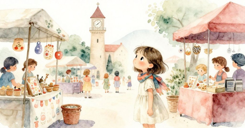 Mara凝視著精美市場攤位及遠處鐘樓，側臉展示專注神情，正開始在素描本上描繪城市風貌。