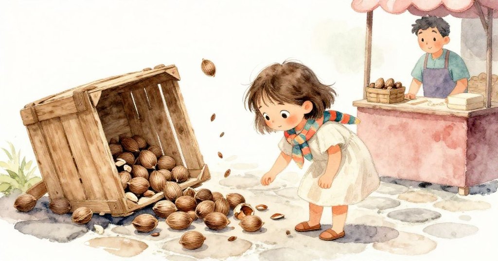 Mara蹲下拾起散落石板路的肉豆蔻，木箱破裂瞬間瀰漫市場，攤販眼神由驚訝轉變為寬容微笑。