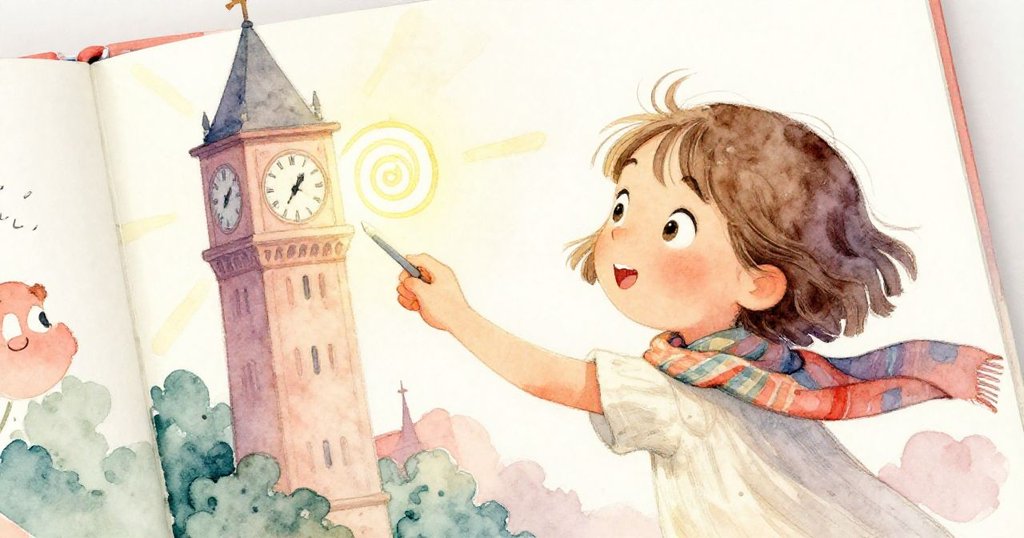 Mara在近景中翻開新素描頁，眼神充滿靈感，金色陽光灑落鐘樓螺旋，人群慢步遠去。