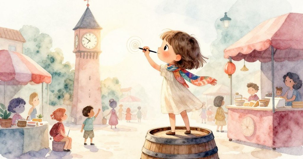 Mara站在木桶上，全神貫注勾勒鐘樓頂部光影細節，臉上呈現堅毅滿足，市場背景逐漸模糊。