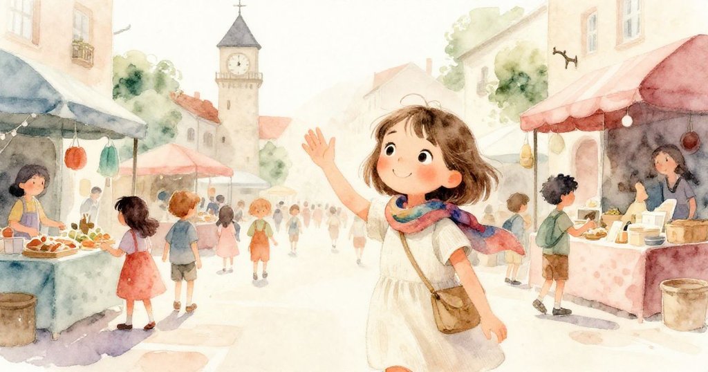 Mara滿意收起素描本，向熱鬧市場告別，背後鐘樓與攤位漸成回憶，溫暖晨光灑滿全景。