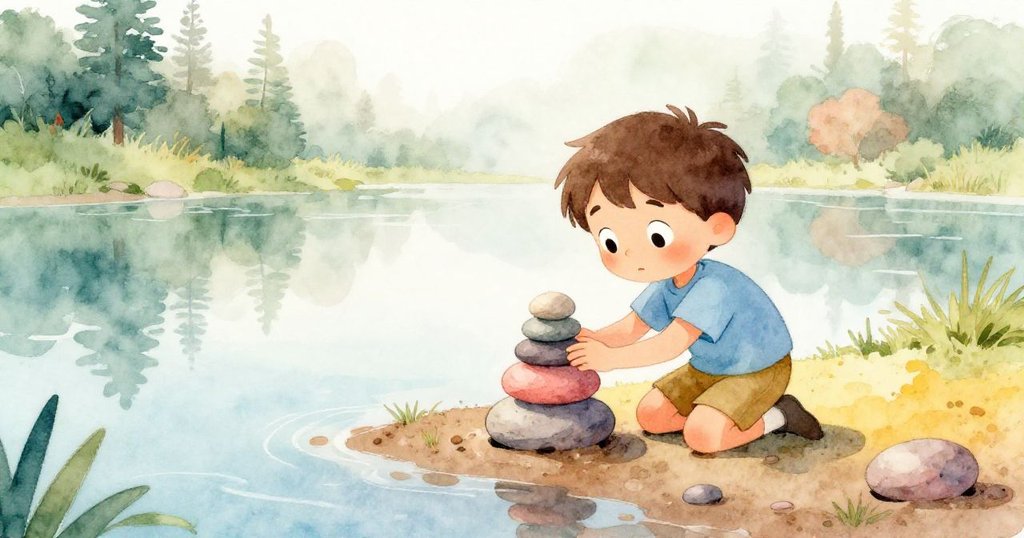 Rex在晨霧中跪於池塘邊，小心堆疊石頭，臉上露出專注與期待，柔和光線與綠蔭交織，故事開始展開。