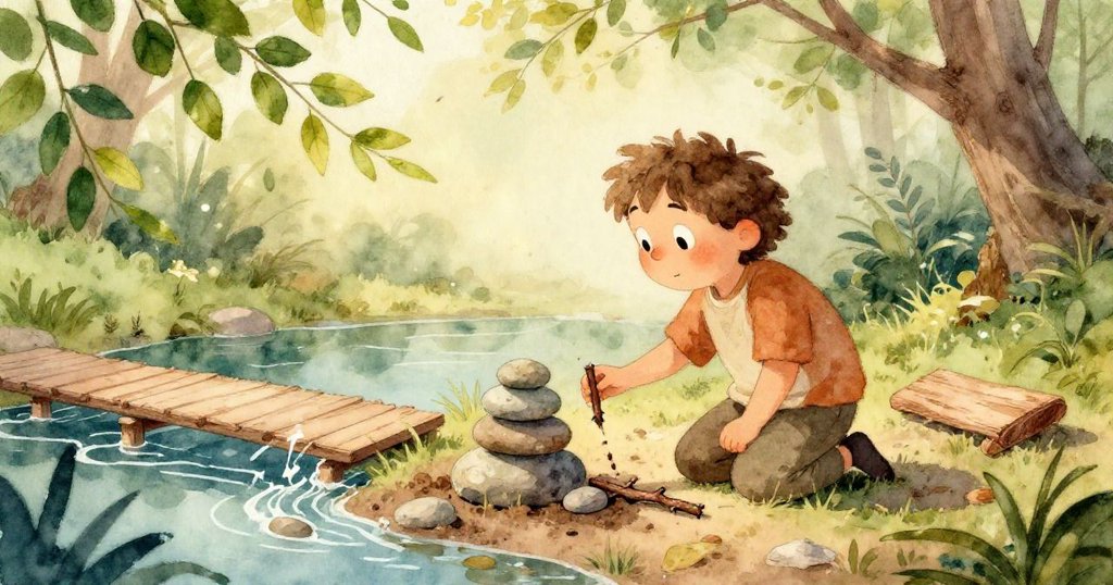 Rex的手輕放細樹枝與粗木棍，展現自然木紋與泥土質感，溫暖光線映襯細節，故事發展傳遞製作細膩感。