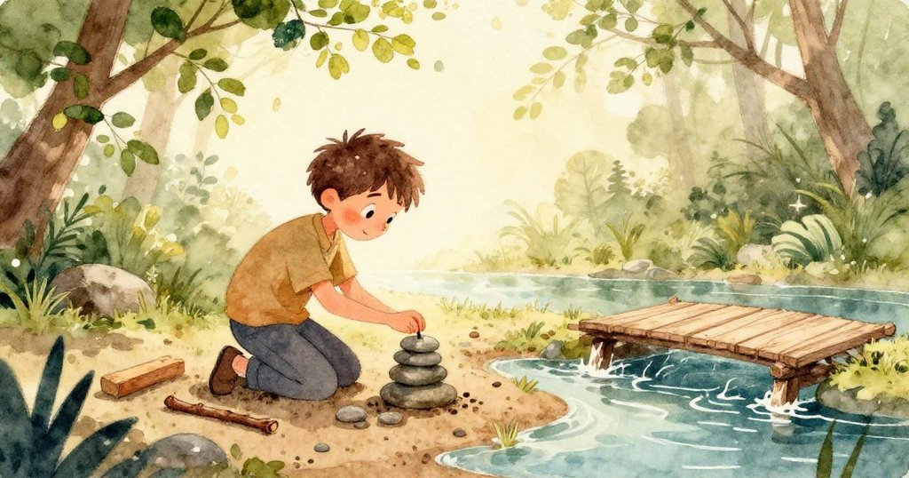 一隻好奇松鼠低角度出現，迅速接近顫動的橋板，用小爪輕觸木板，展現動感與互動，故事逐步推進。