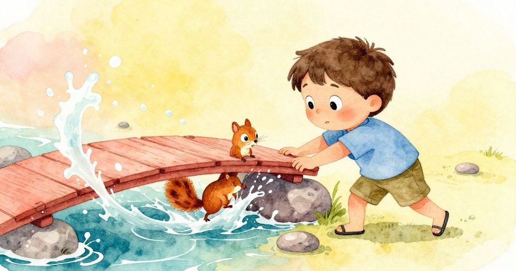 水花四濺中，Rex趕緊穩住重建橋樑，調皮松鼠輕撥木板，兩者同時流露驚訝和堅定情緒，故事發展充滿動感。