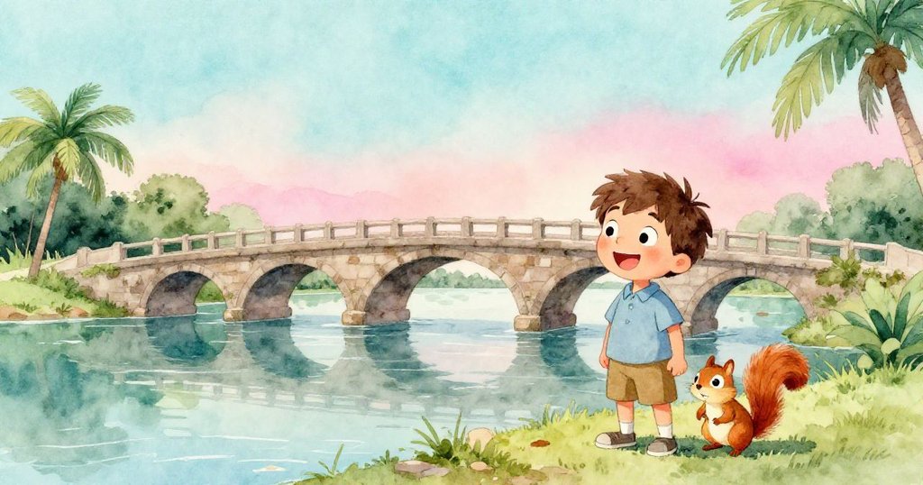 在平靜水面映照下，Rex與好奇松鼠並肩立於穩固橋上，臉上皆帶勝利與喜悅，象徵團結修復，故事完美落幕。