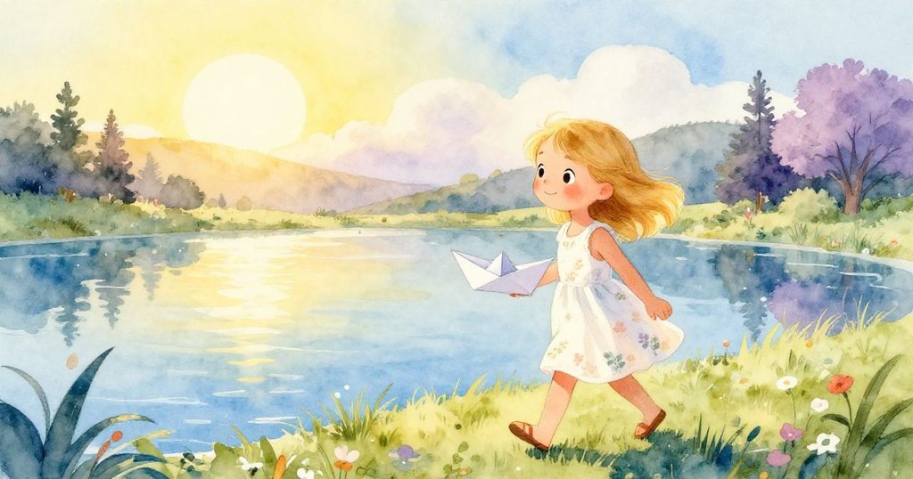 艾瑪在晨光中走向寧靜的池塘，手持紙船，背景有小山，表情充滿期待與愉悅，陽光柔和照耀全景。