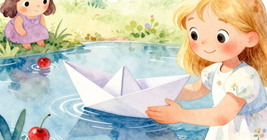 艾瑪彎下身仔細檢視手中的紙船，細緻紙張反射池塘微光，充滿專注且溫柔的情感。