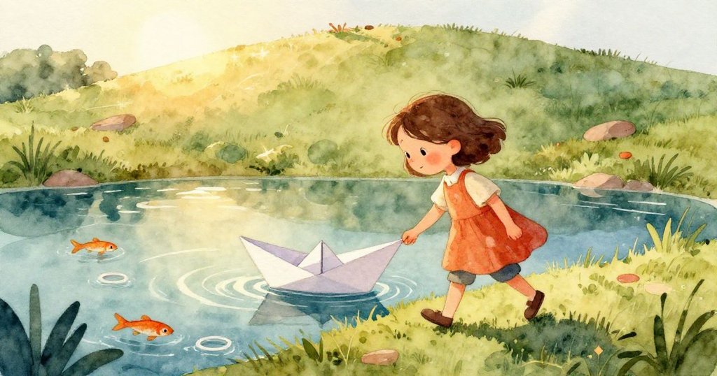 紙船緩緩離手漂流於池中，活潑魚兒穿梭其下，水面泛起圈圈漣漪，動感十足展現自然韻律。