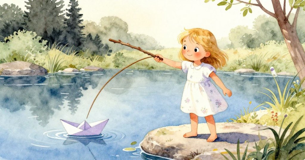 艾瑪站在池邊平石上，手持長棍準備輕拍漂浮紙船，神情充滿好奇與決心，背景草地與水面相映。