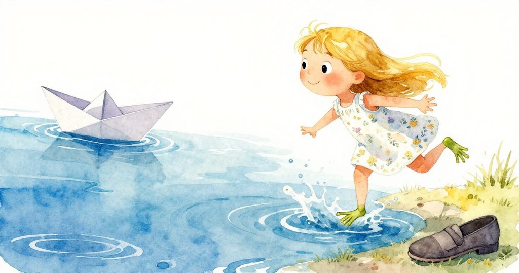 青蛙躍入池中濺起水花，紙船隨水返岸靠近艾瑪鞋邊，整幅畫面傳達出自然互動與溫馨結局，充滿詩意。