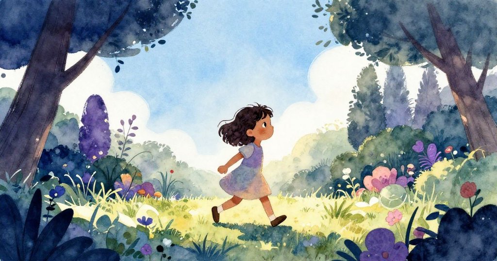 Mia身影在藍天下漫步花園，輪廓分明，動態前行，呈現故事開始的期待與喜悅。